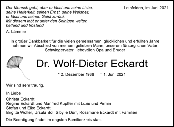 Traueranzeige von Wolf-Dieter Eckardt von Stuttgarter Zeitung / Stuttgarter Nachrichten