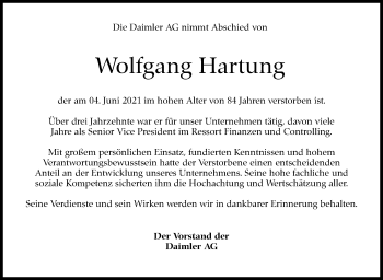 Traueranzeige von Wolfgang Hartung von Stuttgarter Zeitung / Stuttgarter Nachrichten