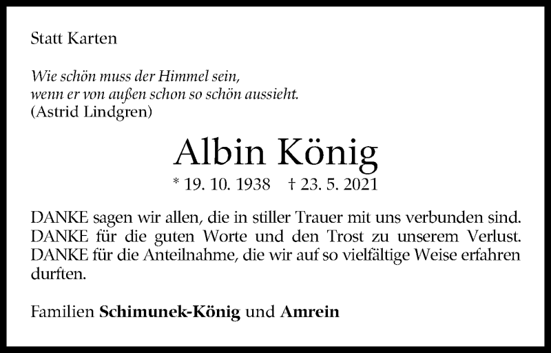  Traueranzeige für Albin König vom 17.07.2021 aus Stuttgarter Zeitung / Stuttgarter Nachrichten