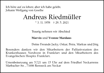 Traueranzeige von Andreas Riedmüller von Stuttgarter Zeitung / Stuttgarter Nachrichten