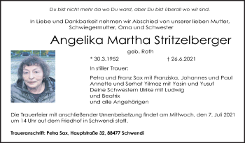 Traueranzeige von Angelika Martha Stritzelberger von Stuttgarter Zeitung / Stuttgarter Nachrichten