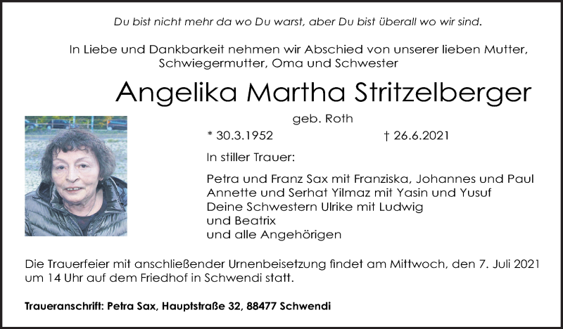  Traueranzeige für Angelika Martha Stritzelberger vom 03.07.2021 aus Stuttgarter Zeitung / Stuttgarter Nachrichten