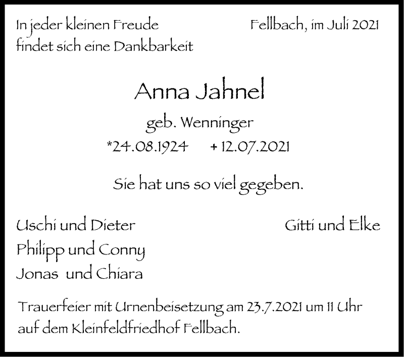 Traueranzeige für Anna Jahnel vom 17.07.2021 aus Stuttgarter Zeitung / Stuttgarter Nachrichten