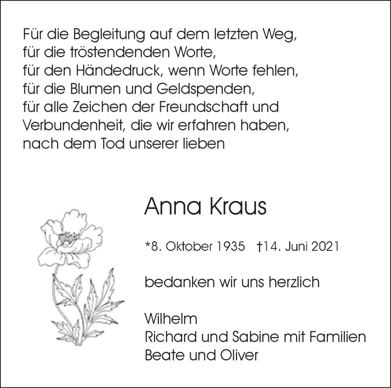  Traueranzeige für Anna Kraus vom 31.07.2021 aus Stuttgarter Zeitung / Stuttgarter Nachrichten