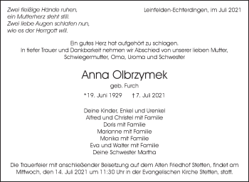 Traueranzeige von Anna Olbrzymek von Stuttgarter Zeitung / Stuttgarter Nachrichten