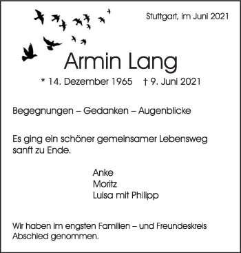 Traueranzeige von Armin Lang von Stuttgarter Zeitung / Stuttgarter Nachrichten