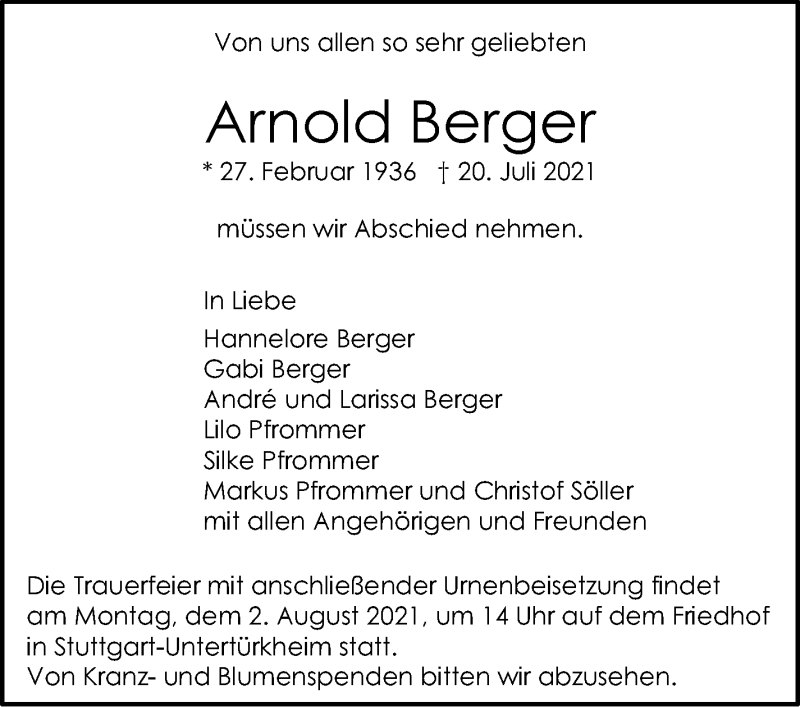  Traueranzeige für Arnold Berger vom 24.07.2021 aus Stuttgarter Zeitung / Stuttgarter Nachrichten