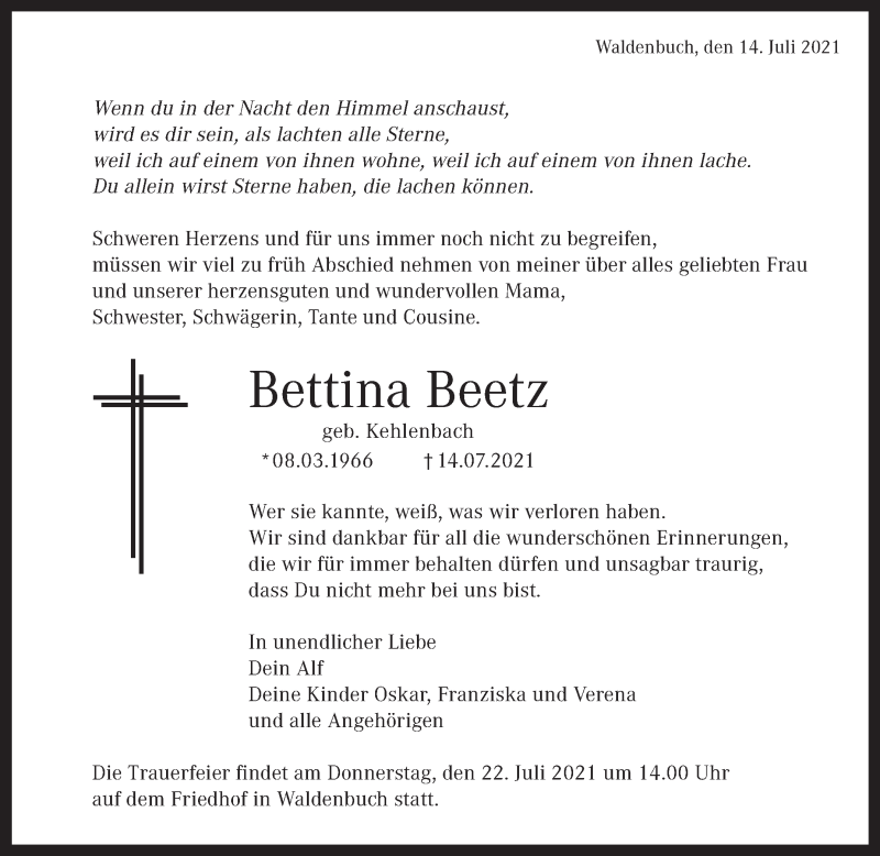  Traueranzeige für Bettina Beetz vom 16.07.2021 aus Stuttgarter Zeitung / Stuttgarter Nachrichten