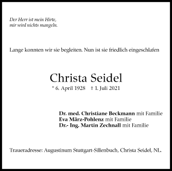 Traueranzeige von Christa Seidel von Stuttgarter Zeitung / Stuttgarter Nachrichten
