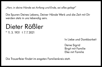 Traueranzeige von Dieter Rößler von Stuttgarter Zeitung / Stuttgarter Nachrichten