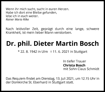 Traueranzeige von Dieter Martin Bosch von Stuttgarter Zeitung / Stuttgarter Nachrichten