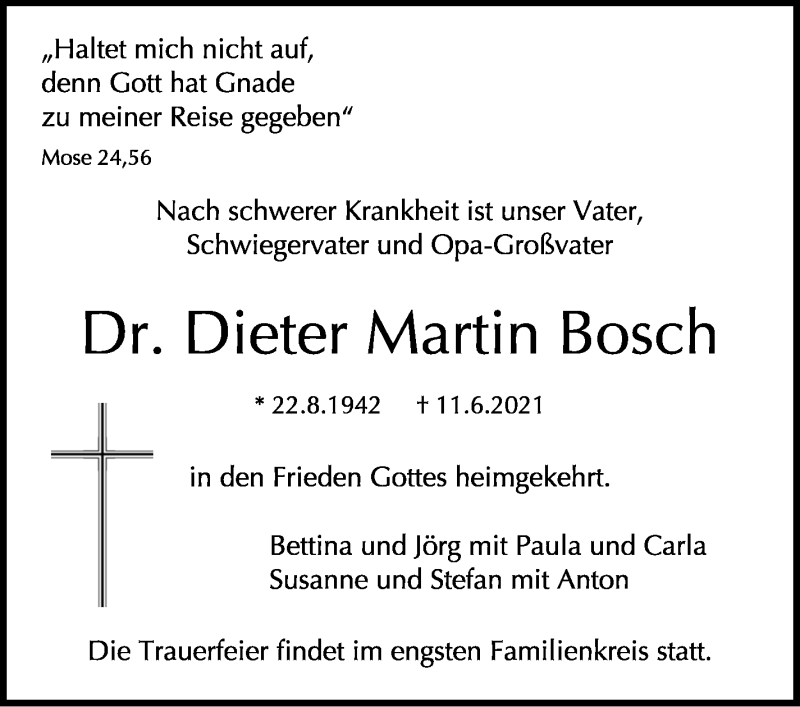  Traueranzeige für Dieter Martin Bosch vom 03.07.2021 aus Stuttgarter Zeitung / Stuttgarter Nachrichten