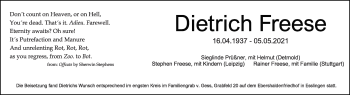 Traueranzeige von Dietrich Freese von Stuttgarter Zeitung / Stuttgarter Nachrichten