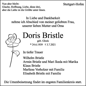 Traueranzeige von Doris Bristle von Stuttgarter Zeitung / Stuttgarter Nachrichten