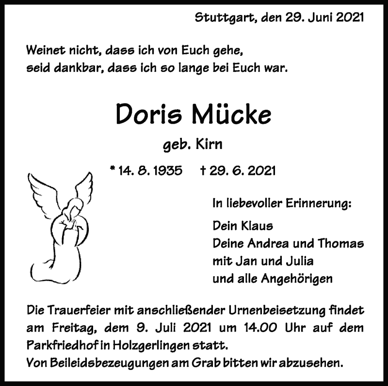  Traueranzeige für Doris Mücke vom 05.07.2021 aus Stuttgarter Zeitung / Stuttgarter Nachrichten