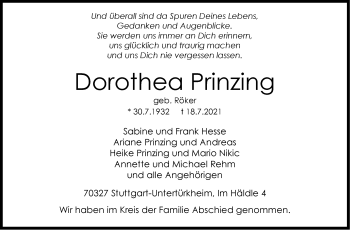 Traueranzeige von Dorothea Prinzing von Stuttgarter Zeitung / Stuttgarter Nachrichten