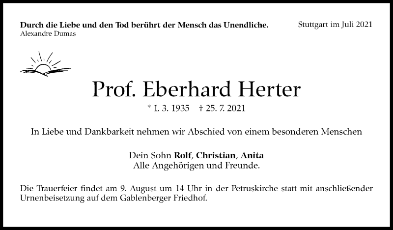  Traueranzeige für Eberhard Herter vom 30.07.2021 aus Stuttgarter Zeitung / Stuttgarter Nachrichten