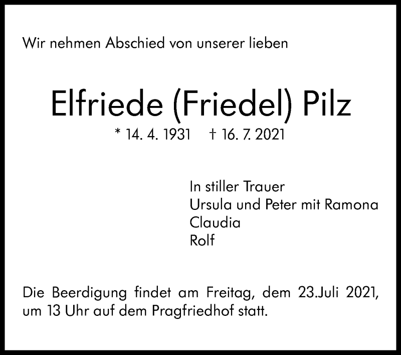  Traueranzeige für Elfriede Friedel Pilz vom 20.07.2021 aus Stuttgarter Zeitung / Stuttgarter Nachrichten