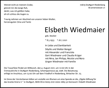Traueranzeige von Elsbeth Wiedmaier von Stuttgarter Zeitung / Stuttgarter Nachrichten