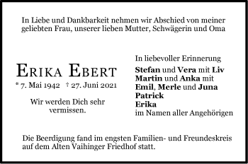 Traueranzeige von Erika Ebert von Stuttgarter Zeitung / Stuttgarter Nachrichten