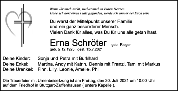 Traueranzeige von Erna Schröter von Stuttgarter Zeitung / Stuttgarter Nachrichten
