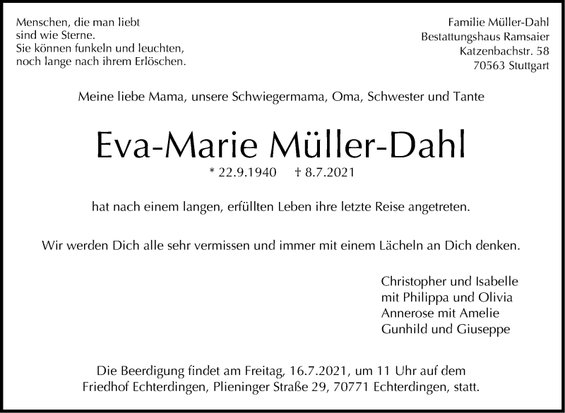  Traueranzeige für Eva-Marie Müller-Dahl vom 10.07.2021 aus Stuttgarter Zeitung / Stuttgarter Nachrichten