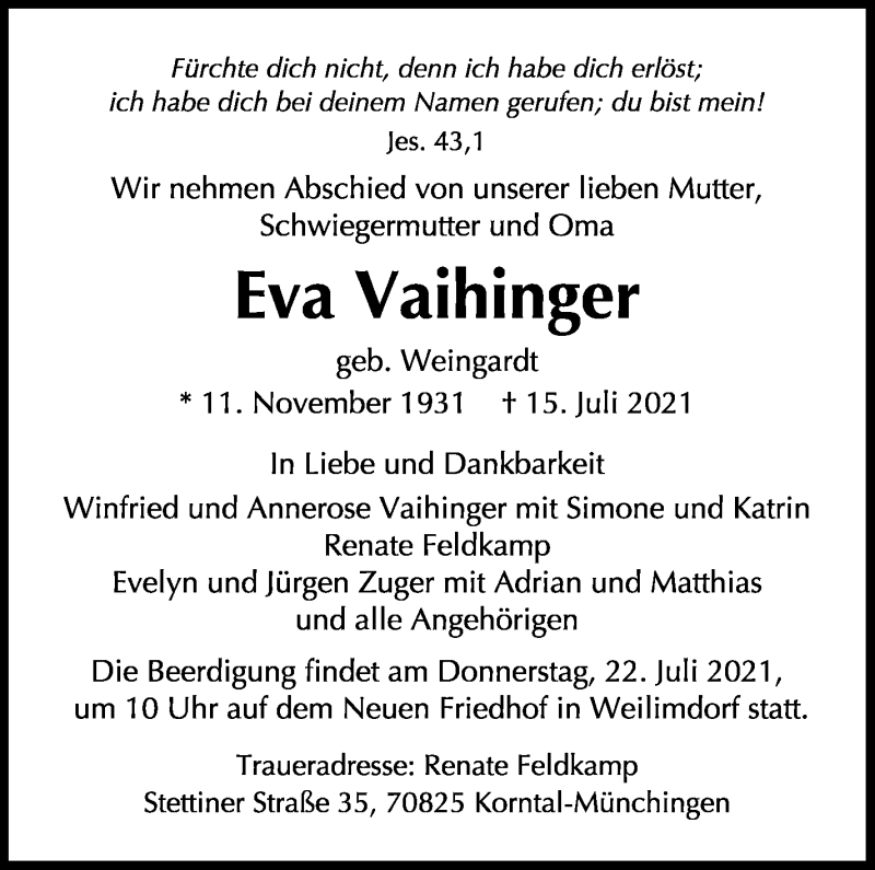  Traueranzeige für Eva Vaihinger vom 20.07.2021 aus Stuttgarter Zeitung / Stuttgarter Nachrichten