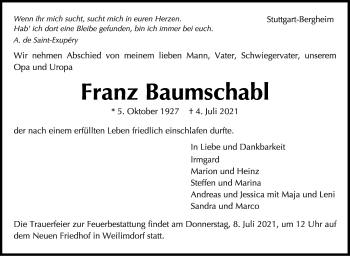 Traueranzeige von Franz Baumschabl von Stuttgarter Zeitung / Stuttgarter Nachrichten