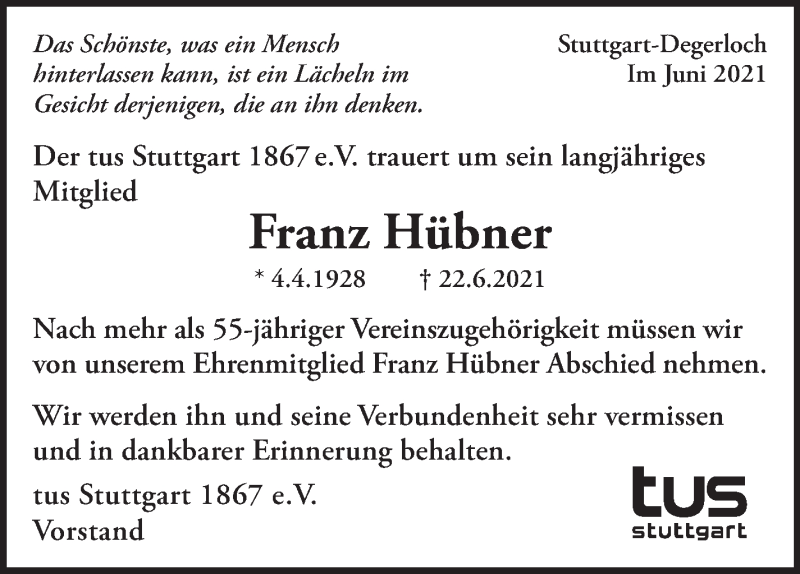  Traueranzeige für Franz Hübner vom 21.07.2021 aus Stuttgarter Zeitung / Stuttgarter Nachrichten