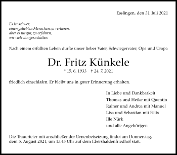 Traueranzeige von Fritz Künkele von Stuttgarter Zeitung / Stuttgarter Nachrichten