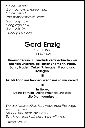 Traueranzeige von Gerd Enzig von Stuttgarter Zeitung / Stuttgarter Nachrichten