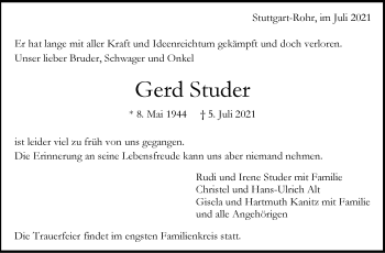 Traueranzeige von Gerd Studer von Stuttgarter Zeitung / Stuttgarter Nachrichten