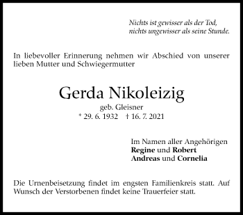 Traueranzeige von Gerda Nikoleizig von Stuttgarter Zeitung / Stuttgarter Nachrichten