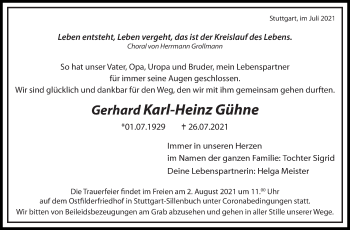 Traueranzeige von Gerhard Karl-Heinz Gühne von Stuttgarter Zeitung / Stuttgarter Nachrichten