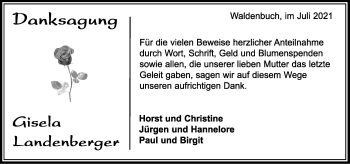 Traueranzeige von Gisela Landenberger von Stuttgarter Zeitung / Stuttgarter Nachrichten