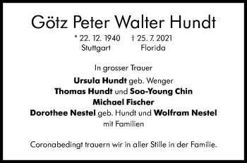 Traueranzeige von Götz Peter Walter Hundt von Stuttgarter Zeitung / Stuttgarter Nachrichten