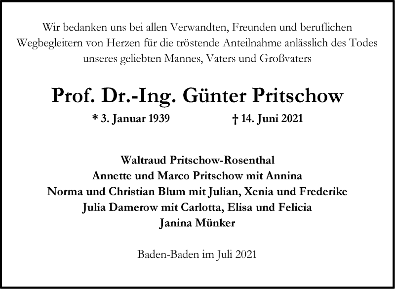  Traueranzeige für Günter Pritschow vom 10.07.2021 aus Stuttgarter Zeitung / Stuttgarter Nachrichten
