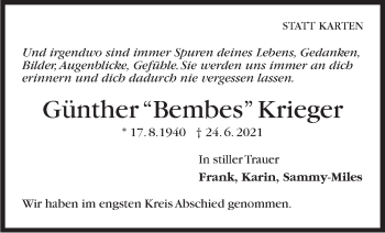 Traueranzeige von Günther Krieger von Stuttgarter Zeitung / Stuttgarter Nachrichten