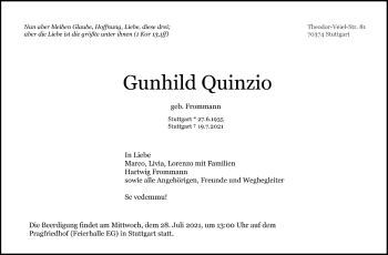 Traueranzeige von Gunhild Quinzio von Stuttgarter Zeitung / Stuttgarter Nachrichten
