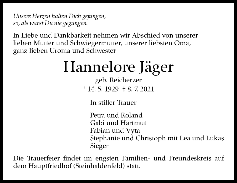  Traueranzeige für Hannelore Jäger vom 10.07.2021 aus Stuttgarter Zeitung / Stuttgarter Nachrichten