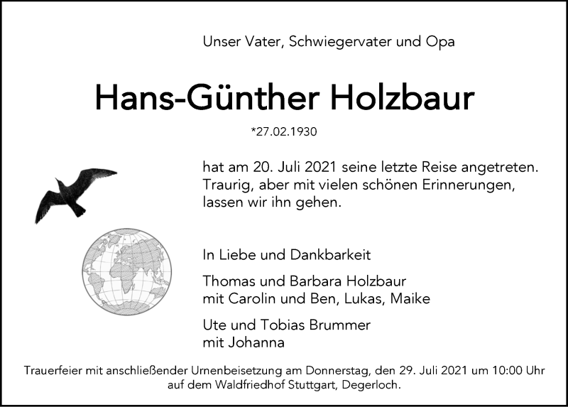  Traueranzeige für Hans-Günther Holzbaur vom 26.07.2021 aus Stuttgarter Zeitung / Stuttgarter Nachrichten