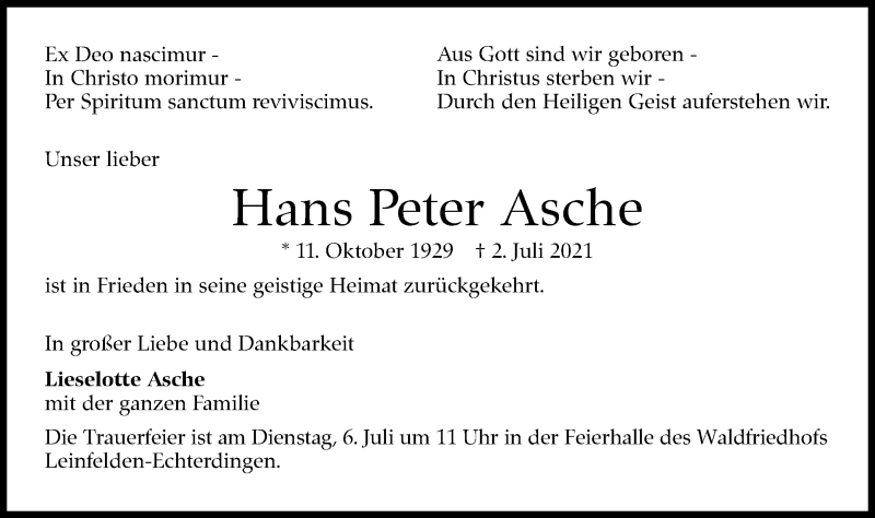  Traueranzeige für Hans Peter Asche vom 06.07.2021 aus Stuttgarter Zeitung / Stuttgarter Nachrichten