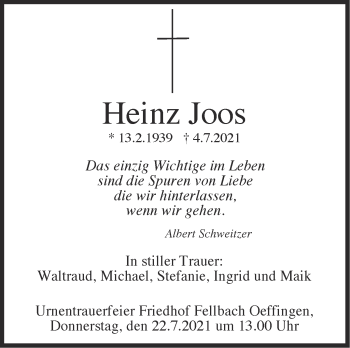 Traueranzeige von Heinz Joos von Stuttgarter Zeitung / Stuttgarter Nachrichten