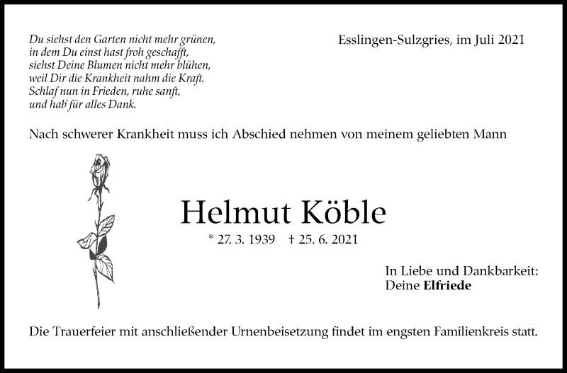  Traueranzeige für Helmut Köble vom 03.07.2021 aus Stuttgarter Zeitung / Stuttgarter Nachrichten