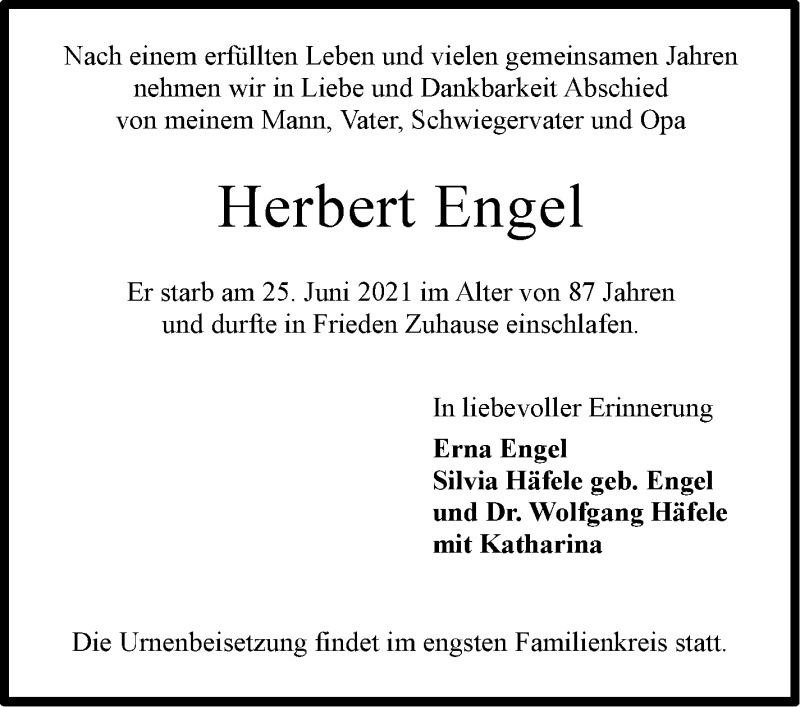  Traueranzeige für Herbert Engel vom 03.07.2021 aus Stuttgarter Zeitung / Stuttgarter Nachrichten