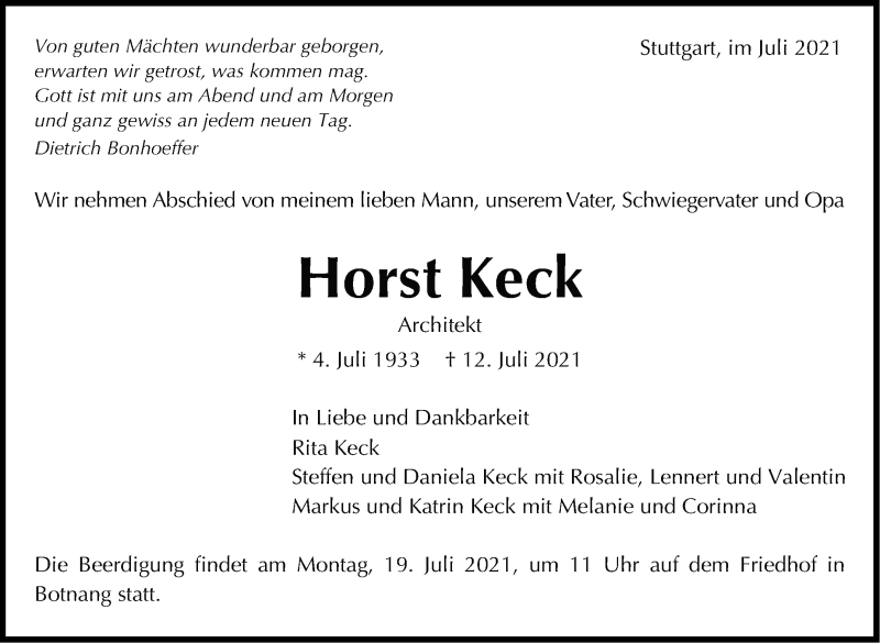  Traueranzeige für Horst Keck vom 14.07.2021 aus Stuttgarter Zeitung / Stuttgarter Nachrichten