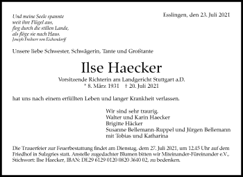 Traueranzeige von Ilse Haecker von Stuttgarter Zeitung / Stuttgarter Nachrichten