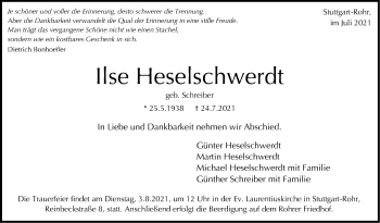 Traueranzeige von Ilse Heselschwerdt von Stuttgarter Zeitung / Stuttgarter Nachrichten