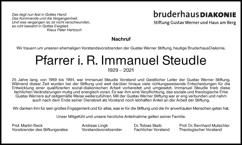  Traueranzeige für Immanuel Steudle vom 13.07.2021 aus Stuttgarter Zeitung / Stuttgarter Nachrichten