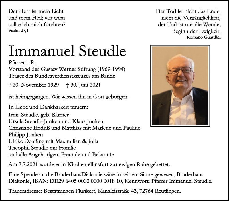  Traueranzeige für Immanuel Steudle vom 10.07.2021 aus Stuttgarter Zeitung / Stuttgarter Nachrichten